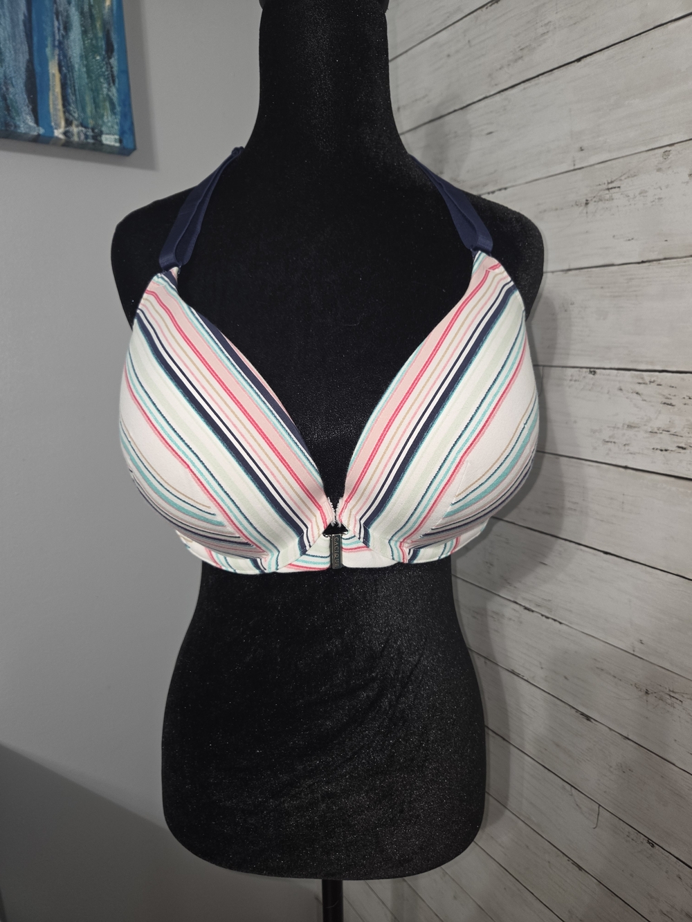 Cacique Striped Halter Bikini Top in White, Pink & Navy 44C
